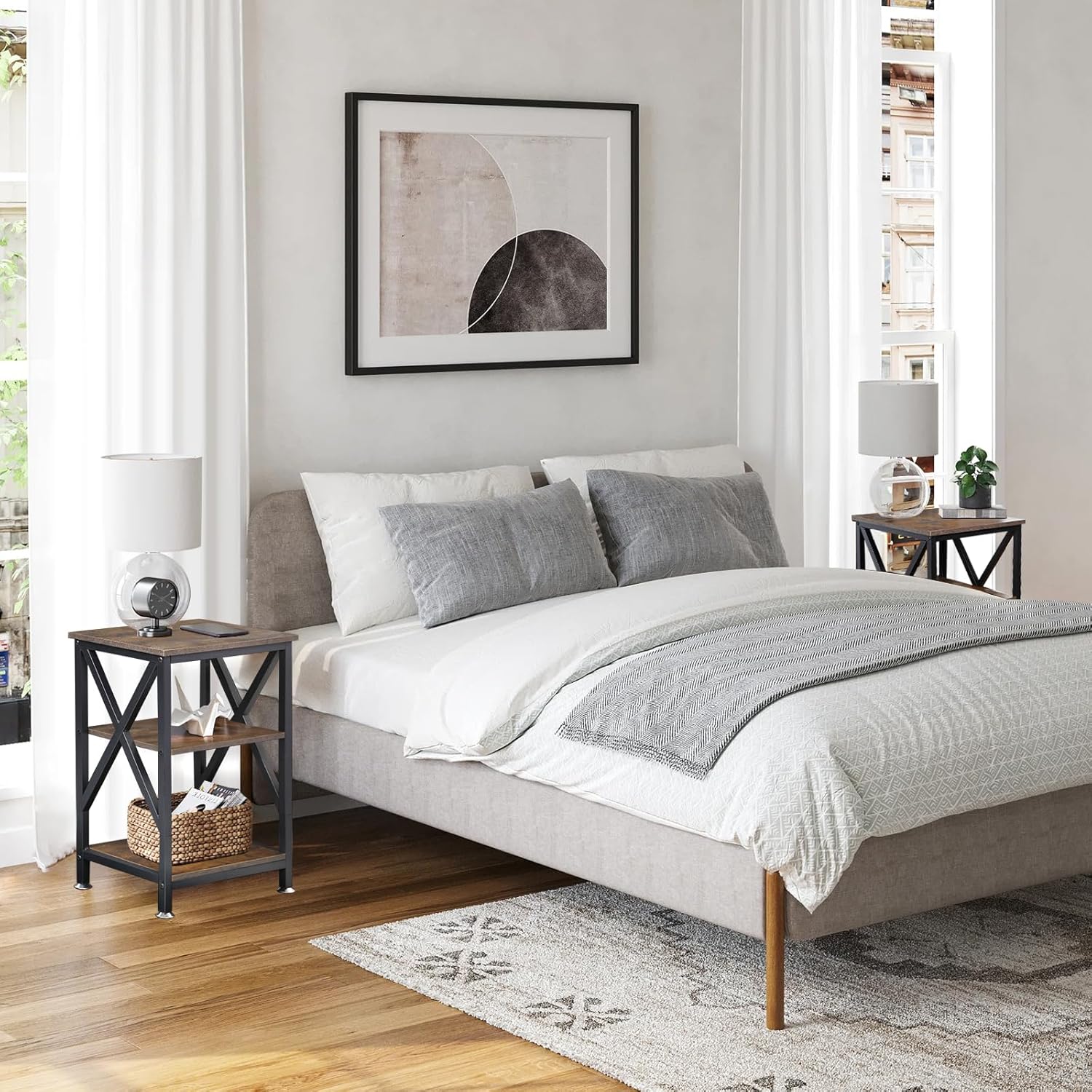 End Tables Living Room Set of 2 Farmhouse, Side Table with Storage Shelf, 16" W x 12" D x 24" H, 3 Tier Side Table Set of 2, X-Shaped Night Stands for Bedrooms, Coffee Table