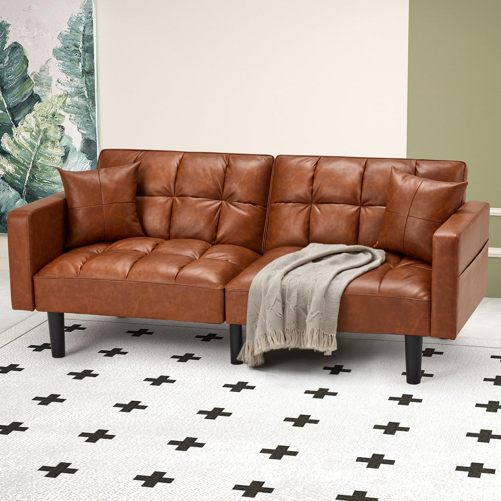 ECOTOUGE Faux Leather Futon Couch, Convertible Sofa Bed with Adjustable Back, Modern Sleeper Sofa for Living Room, Black