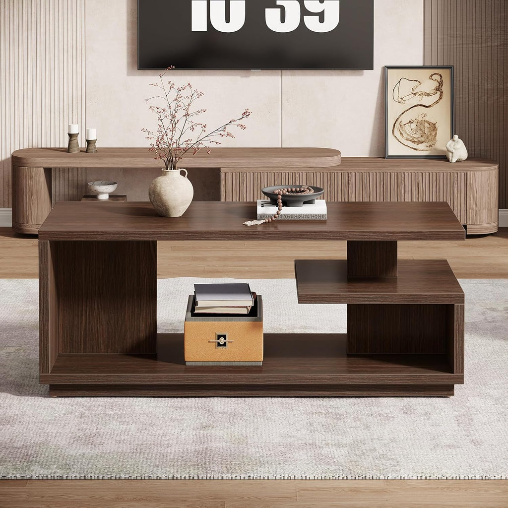 Tribesigns 47.24" Coffee Table with Storage Shelf, Mid-Century Modern Center Table, 3-Tier Rectangle Wooden Tea Table with Thick Base for Living Room, Walnut