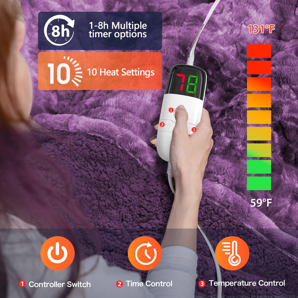 Manta Elétrica Aquecida OCTROT - Manta de Aquecimento em Sherpa de Lã para Sofá, Manta de Aquecimento de Pelo Sintético para Colo com Temporizador de 5 Posições e 10 Níveis de Aquecimento, Certificação ETL&FCC, para Adultos