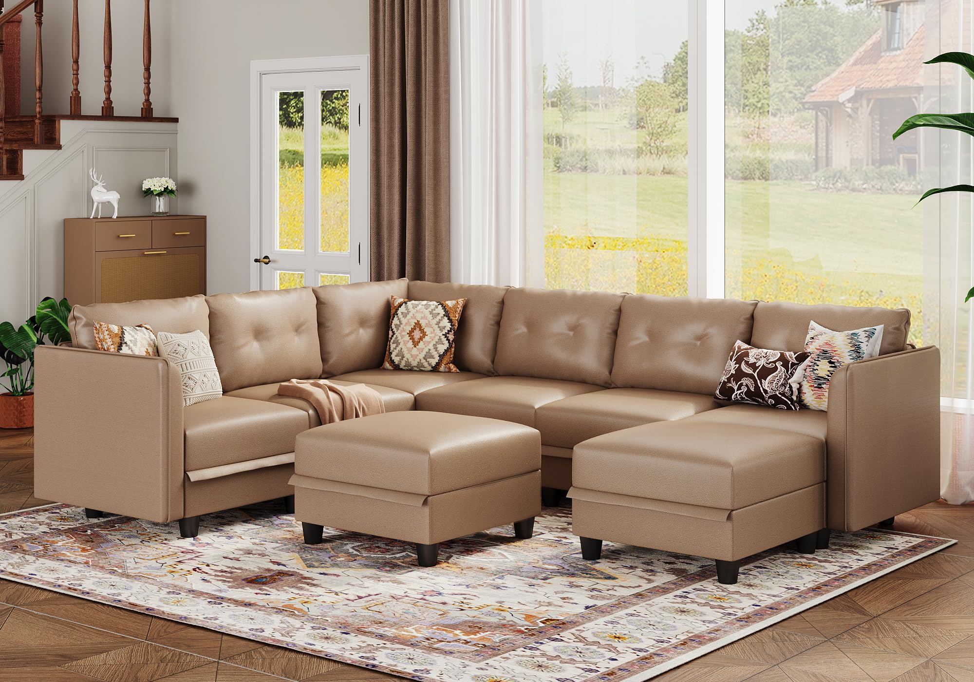 LLappuil Modular Sectional Sofa, Oversized U Shaped Sofa with Storage, Sectional Couch for Living Room, Faux Leather Fabric Waterproof Sofa, 7 Seats with Ottoman, Dark Grey