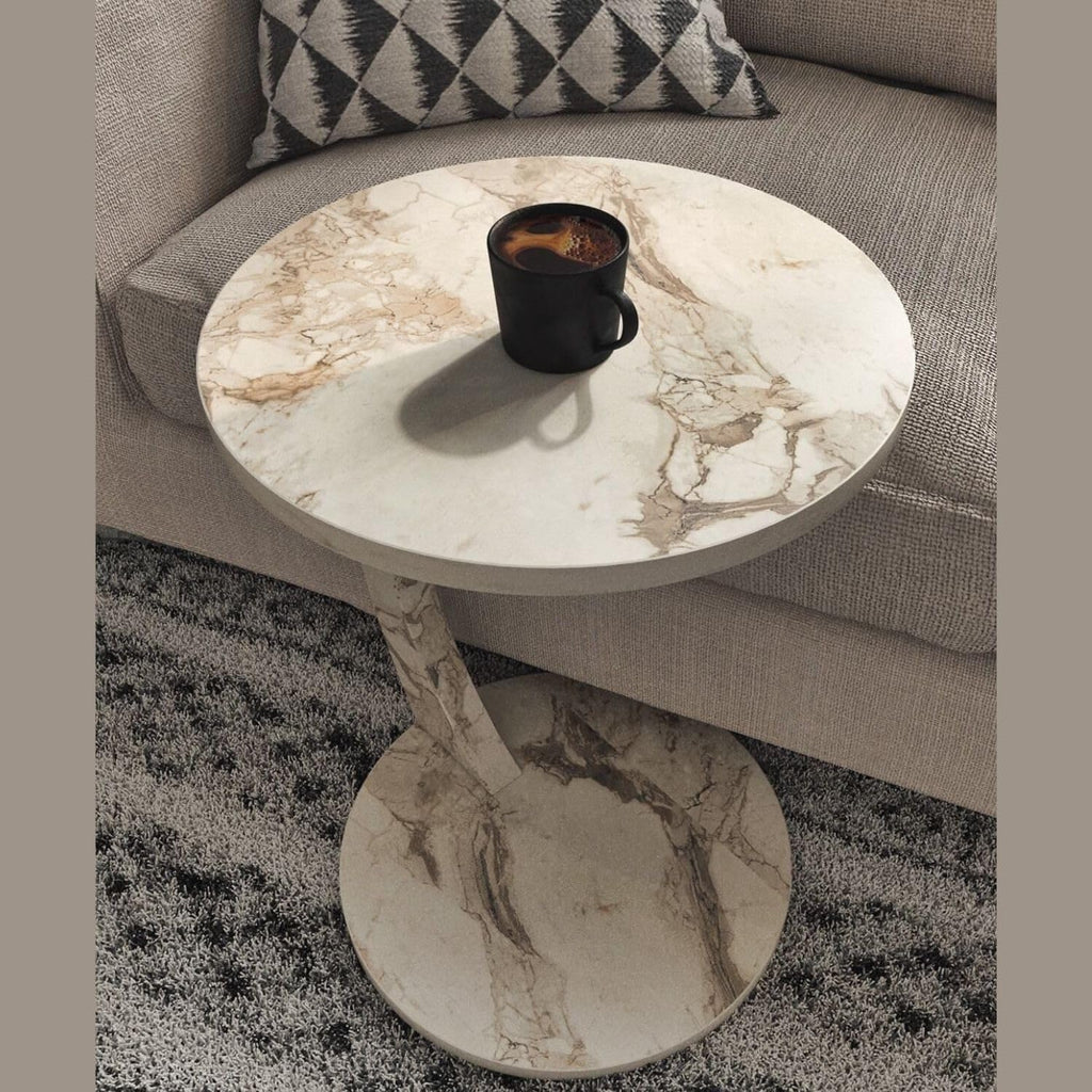 C Shaped End Table for Couch Small Places, Faux Marble White Space Saver Round Side Table for Sofa and Bedside with Wheels, Coffee and Snack Time Tray for Living Room (White Marble)