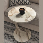 C Shaped End Table for Couch Small Places, Faux Marble White Space Saver Round Side Table for Sofa and Bedside with Wheels, Coffee and Snack Time Tray for Living Room (White Marble)