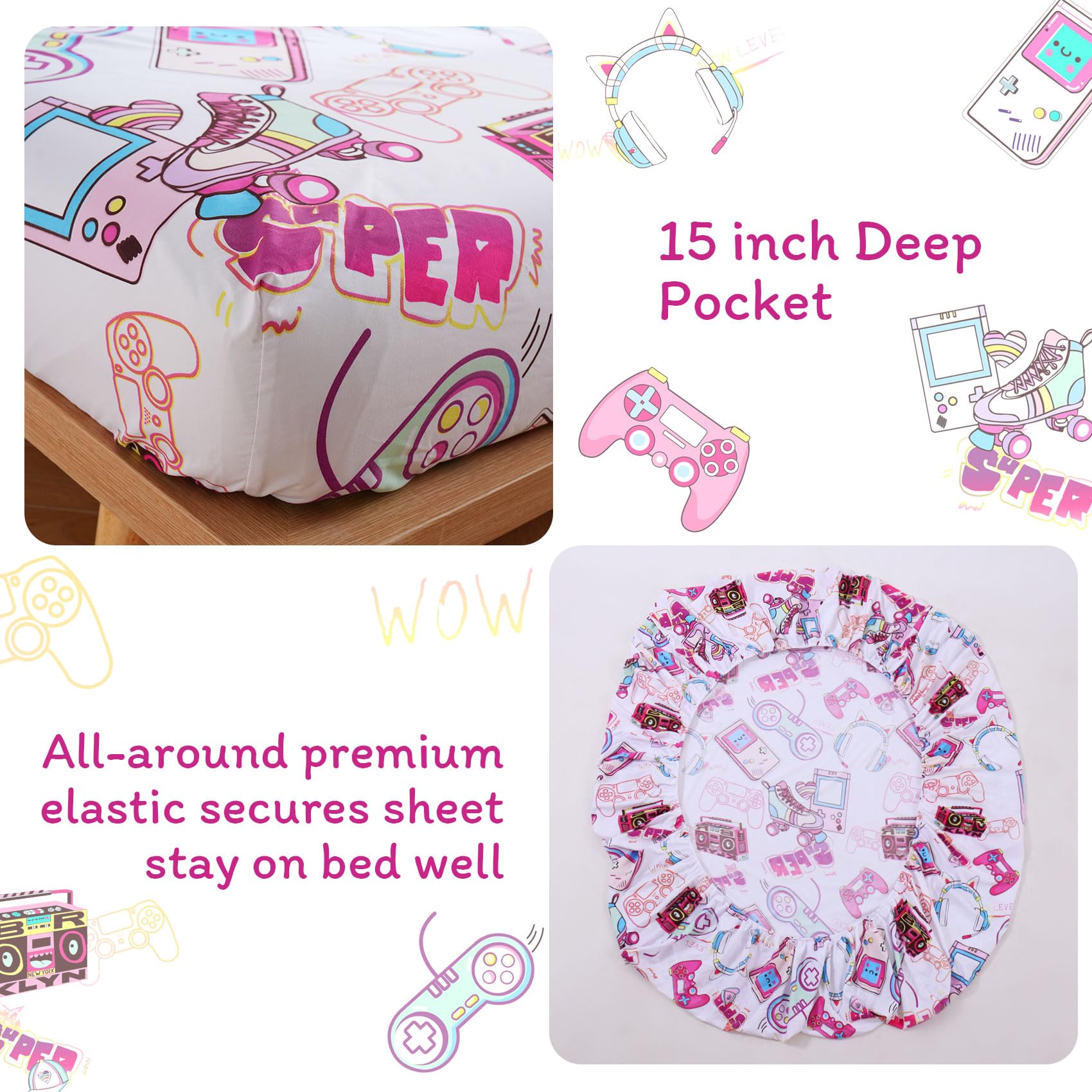 ست ملحفه کودکان یونیکورن صورتی JSD، سایز تویین، ۳ تکه، ملحفه‌های رختخواب میکروفایبر چاپ شده با طرح رنگین کمان برای دختران، جیب عمیق