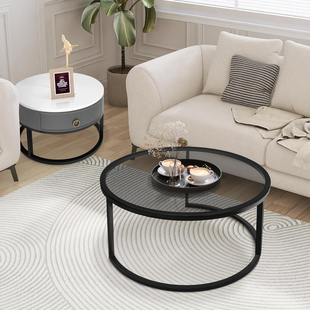 Jerry & Maggie Ø 27.5" Modern Nesting Coffee Table Set of 2, Round Glass Coffee Table & Side Table with Drawer, Tempered Glass & Leather Upholstery, Coffee Tables for Living Room, Small Space Friendly