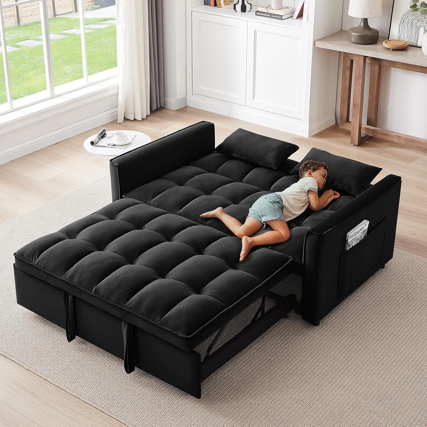 3 in 1 Sleeper Sofa Bed,Velvet Convertible Sofa Bed Pull-Out Bed Couch With Side Pockets,55'' Loveseat Sleeper Sofa with Adjustable Backrest for Living Room,Bedroom,Apartment and Small Space,Black
