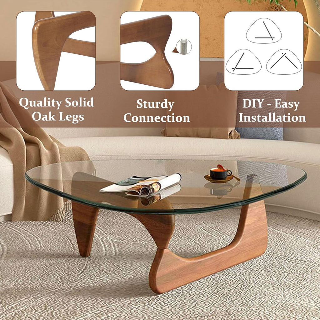 Coffee Tables for Living Room - Triangle Glass Coffee Table with Wooden Base Mid-Century Modern Abstract End Table for Study Room Office Hotel Balcony (Walnut Transparent, Small 32.2 * 22.4 * 16in)