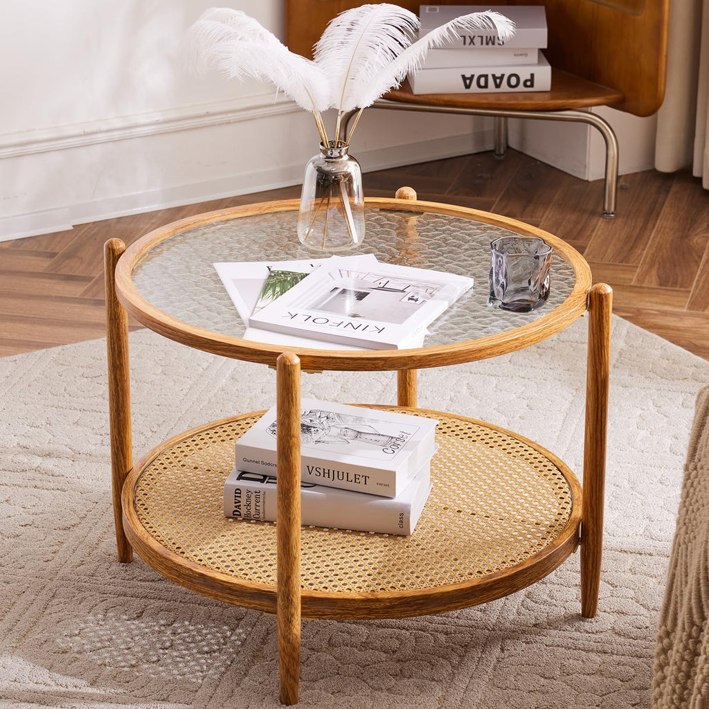 VINGLI 25.6" Round Gold Coffee Tables for Living Room, 2-Tier Glass Top Coffee Table with Storage Clear Coffee, Simple & Modern Center Table for Small Space