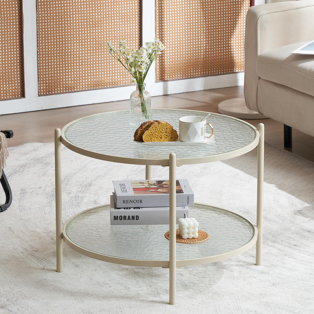 VINGLI 25.6" Round Gold Coffee Tables for Living Room, 2-Tier Glass Top Coffee Table with Storage Clear Coffee, Simple & Modern Center Table for Small Space