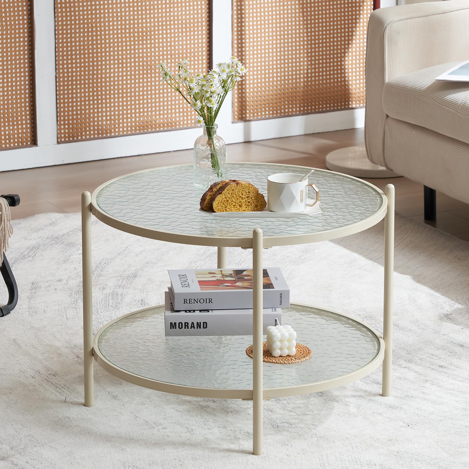 VINGLI 25.6" Round Gold Coffee Tables for Living Room, 2-Tier Glass Top Coffee Table with Storage Clear Coffee, Simple & Modern Center Table for Small Space