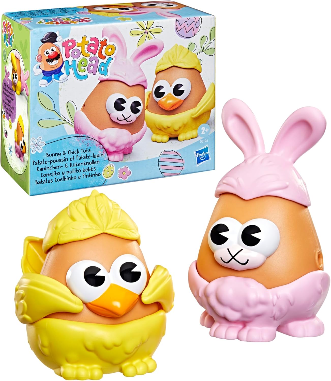 Potato Head Bunny & Chick Tots with 12 Mix and Match Pieces, Two 3-Inch Potato Bodies with 10 Accessories, Preschool Toys for Girls and Boys 2+