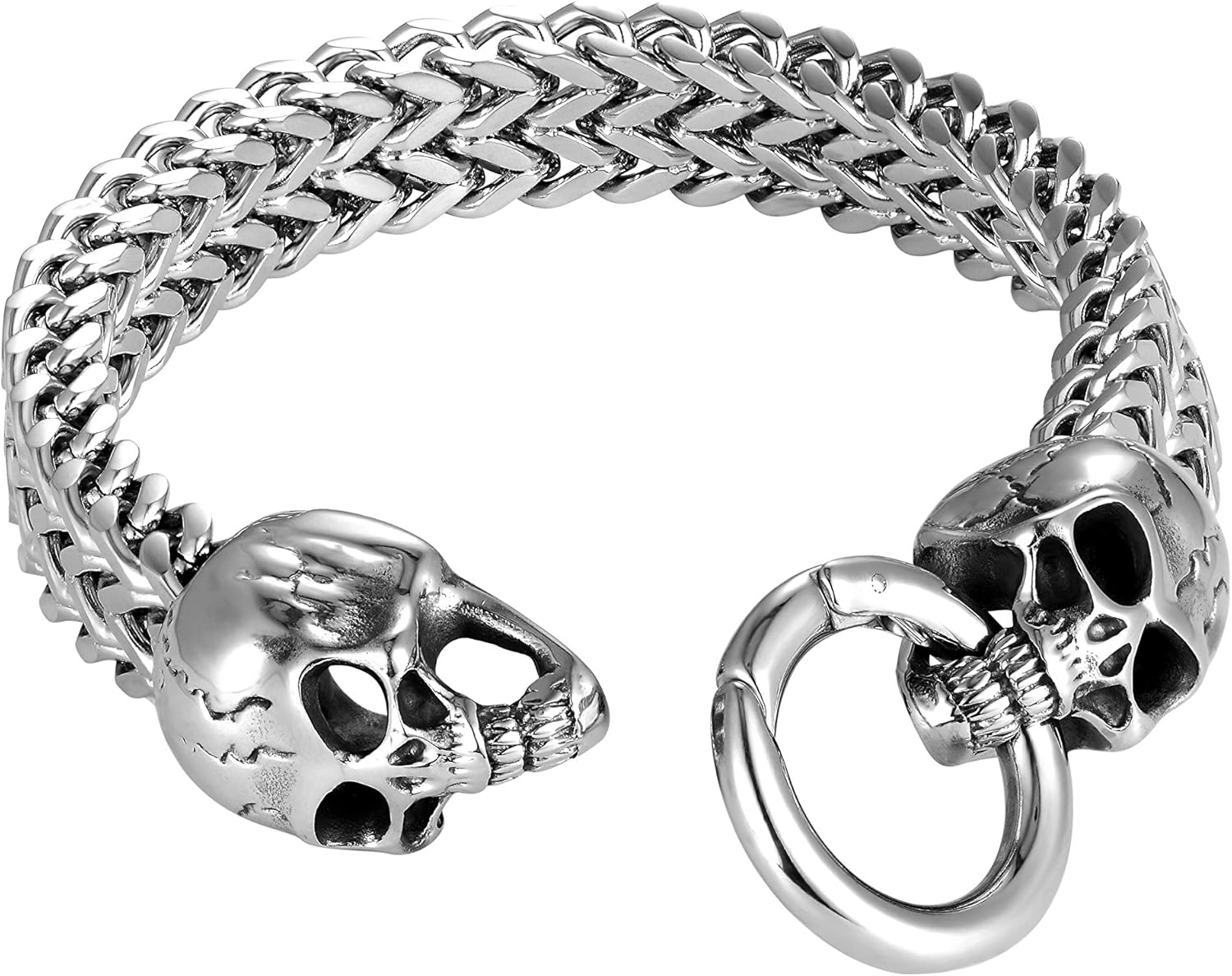 Bold Men’s Biker Bracelet – Skull, Wolf, and Foxtail Chain Designs in Polished Silver & Black Genuine Leather – Rust & Discoloration Resistant Stainless Steel – Jewelry Gift or Accessory for Men