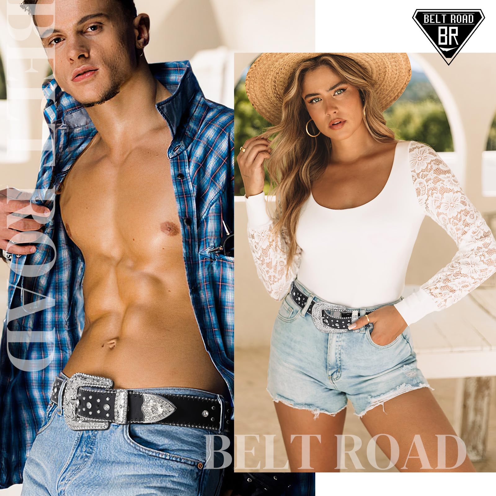 BELTROAD Rhinestone Belt for Men Women, Western Cowboy Cowgirl Belts Bling Leather Belt With Cross and Diamond for Jeans