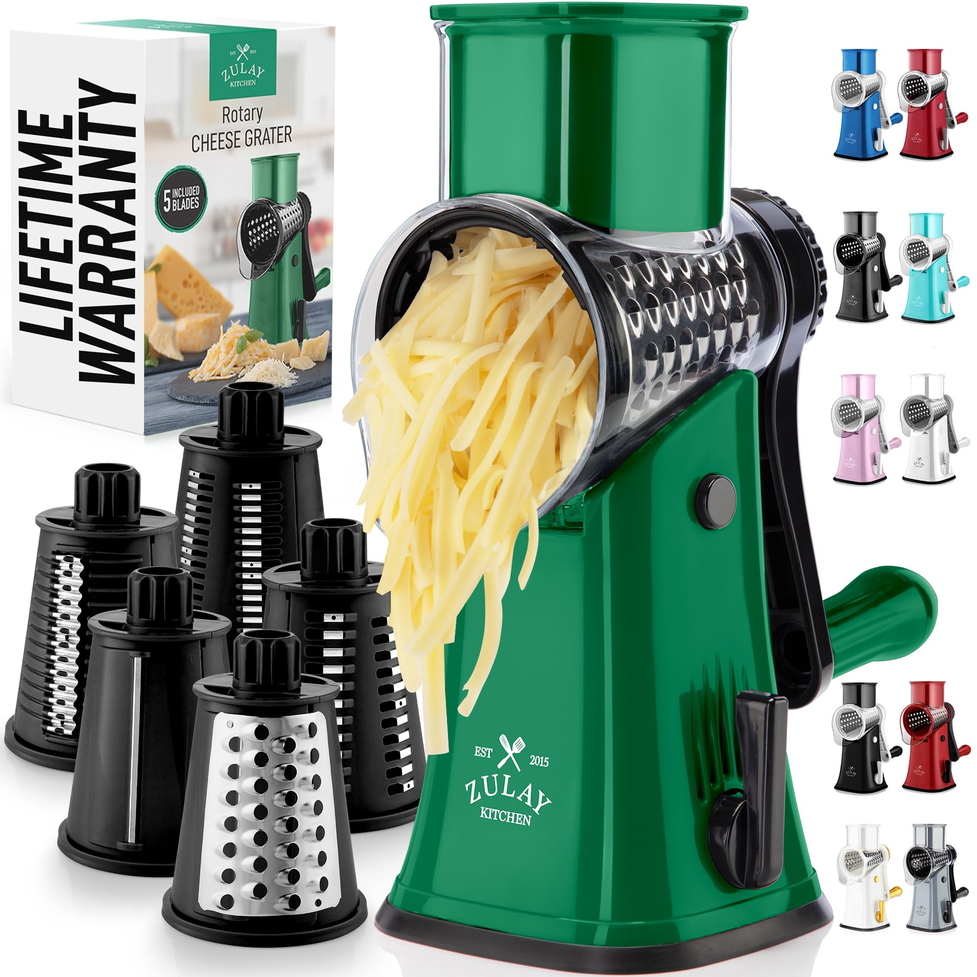 Zulay Rotary Cheese Grater 3 Blade Cheese Shredder - Manual Hand Crank Cheese Grater With Reinforced Suction & 3 Interchangeable Drums - Easy to Use Vegetable Chopper - Black