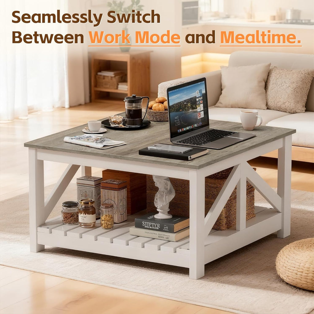 JUMMICO Square Coffee Table with Dual Storage Compartments, Modern Wood Cocktail Table for Living Room, Farmhouse Lounge & Office Reception (Gray & White)