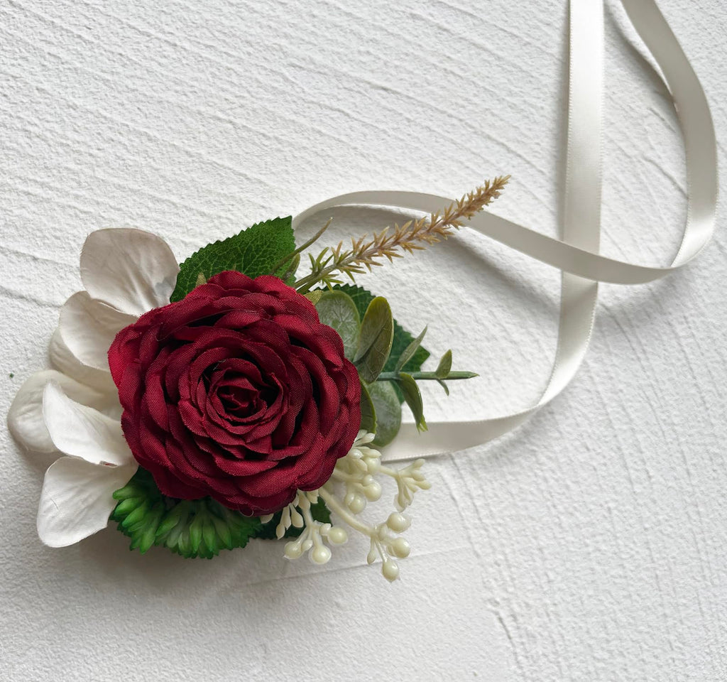 MAFELOE Artificial Wrist Corsage Boutonniere Set for Groom Bride Groomsmen Bridesmaids, Corsage Wristband Men Boutonniere Wedding Party Prom Suit Decorations - Burgundy 2Pcs