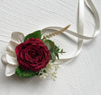 MAFELOE Artificial Wrist Corsage Boutonniere Set for Groom Bride Groomsmen Bridesmaids, Corsage Wristband Men Boutonniere Wedding Party Prom Suit Decorations - Burgundy 2Pcs