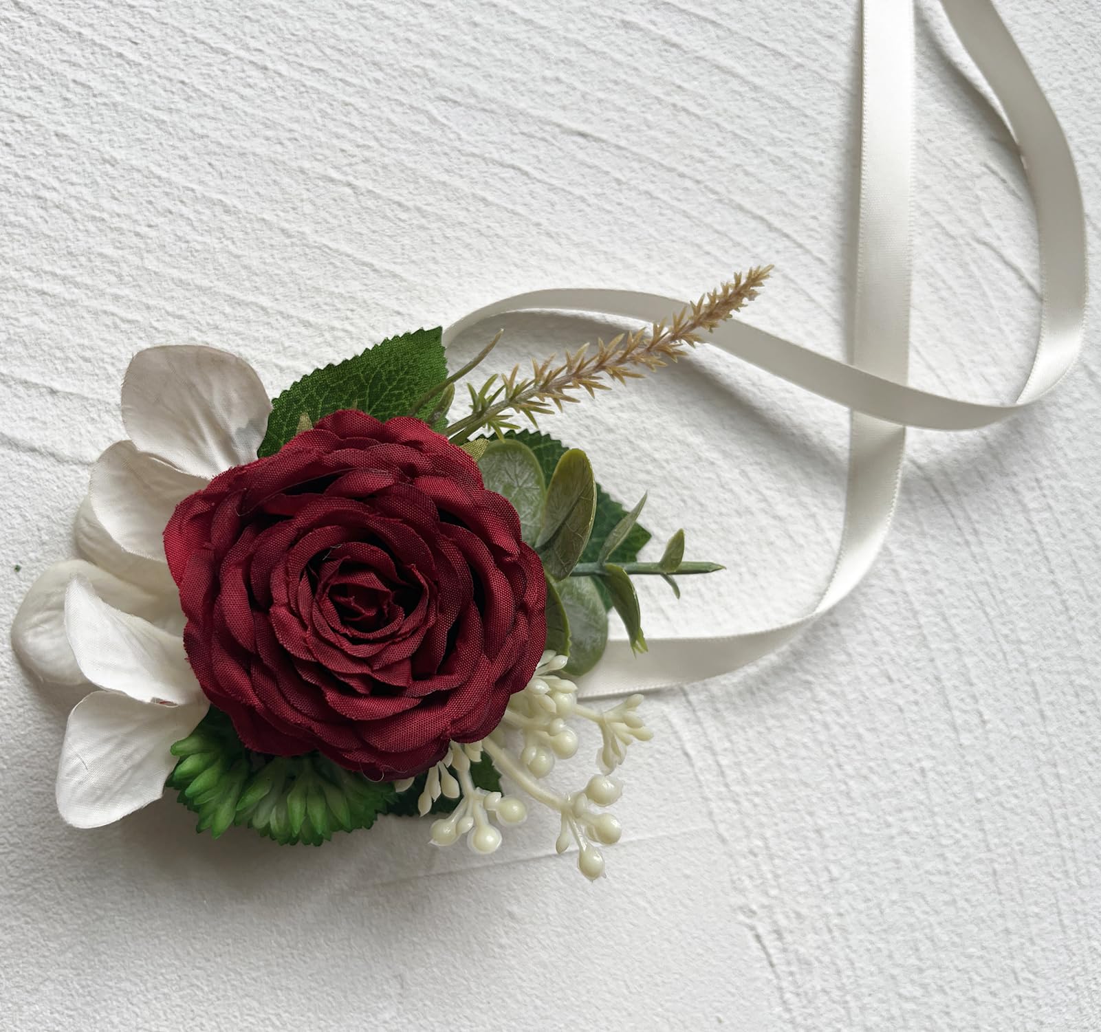 ست گل مچ مصنوعی MAFELOE برای داماد، عروس، ساقدوش‌ها، مچ‌بند گل مردانه، گل یقه برای مهمانی عروسی، جشن فارغ‌التحصیلی، تزئینات کت - بورگاندی ۲ عدد