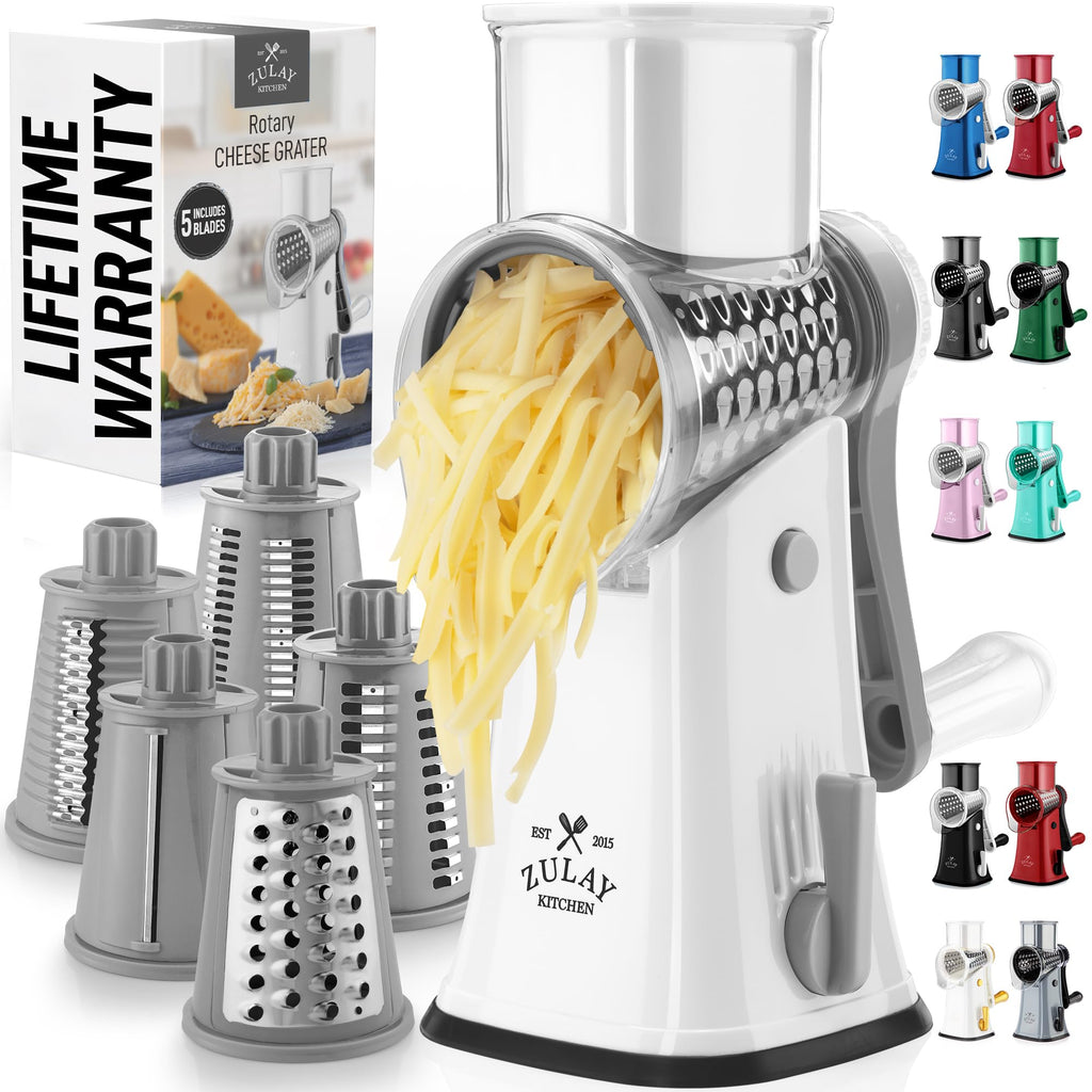 Zulay Rotary Cheese Grater 3 Blade Cheese Shredder - Manual Hand Crank Cheese Grater With Reinforced Suction & 3 Interchangeable Drums - Easy to Use Vegetable Chopper - Black