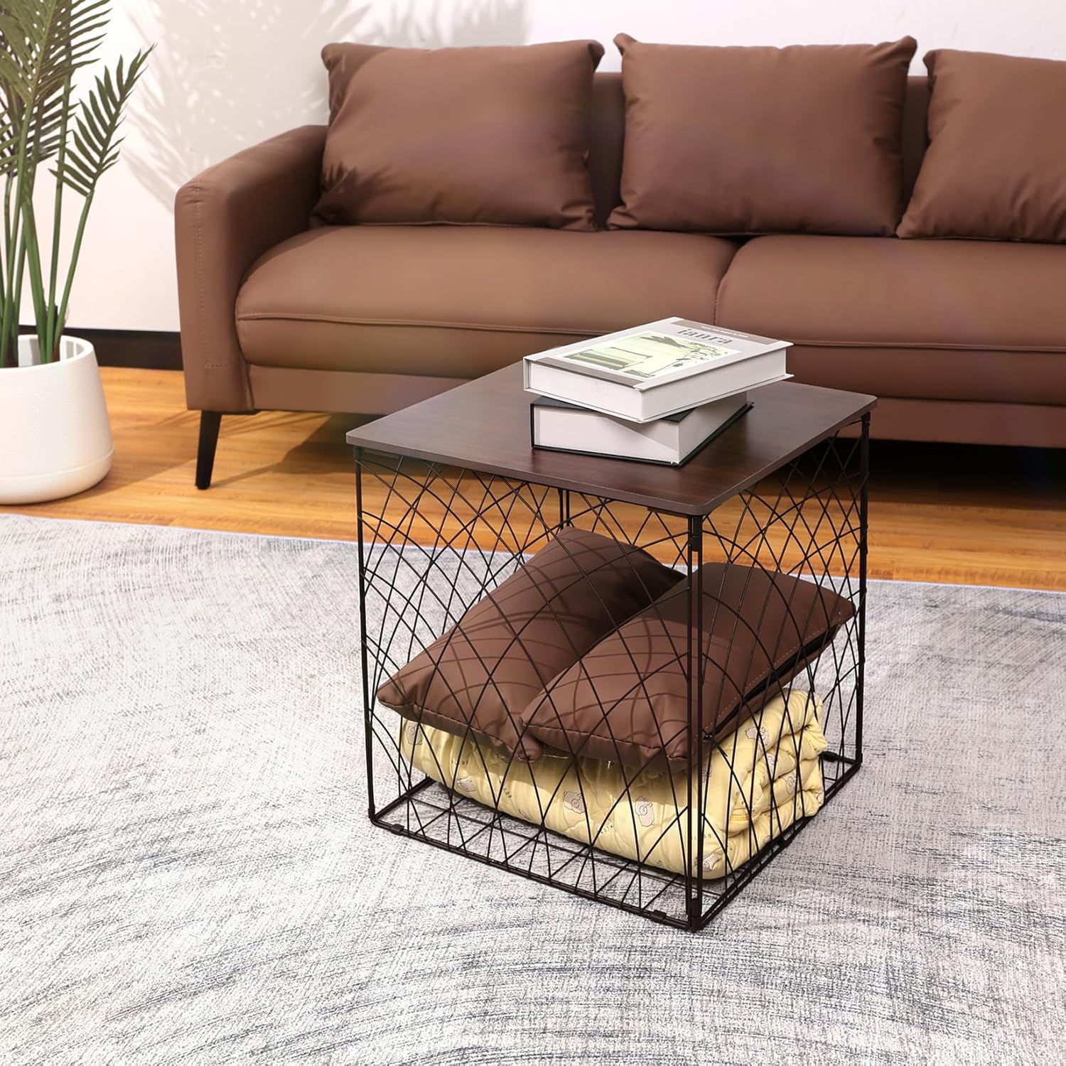 Small Coffee Table Storage, Square End Tables Blanket Basket with Lid for Living Room Folding Storage Side Table 1 Pack