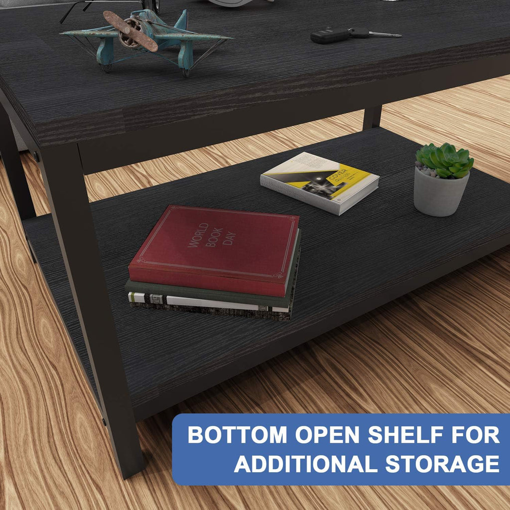 YSSOA Black 2-Tier Coffee Table with Shelf for Living Room and Office