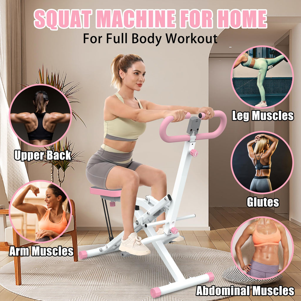 Squat Machine for Home, Row-N-Ride Squat Assist Trainer for Glutes Ab Back Legs Home Workout Machine with Adjustable Resistance for Full-Body Fitness Exercise(Pink)