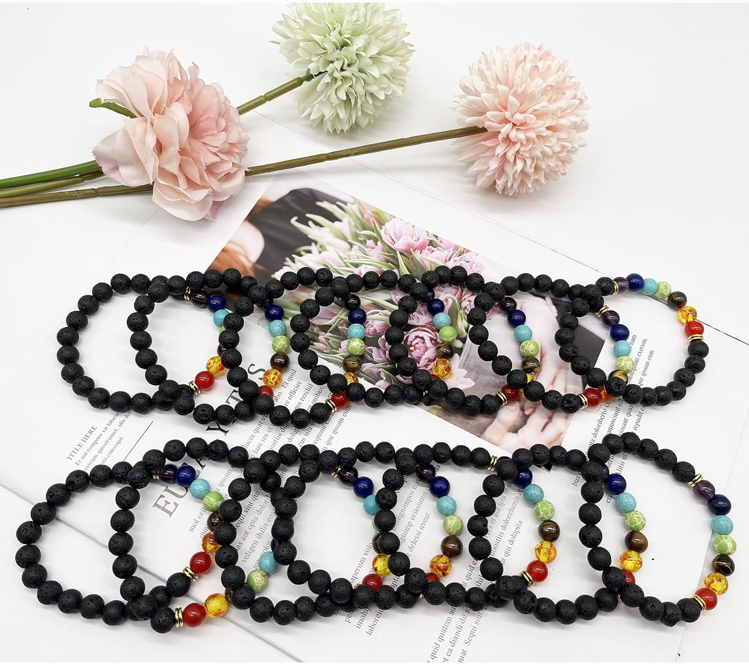 14 Pcs Lava Rock 7 Chakra Energy Oil Diffuser Bracelet Set for Women Men Unisex Elastic 8mm Stone Yoga Beaded Bracelets Jewelry With Lucky Healing