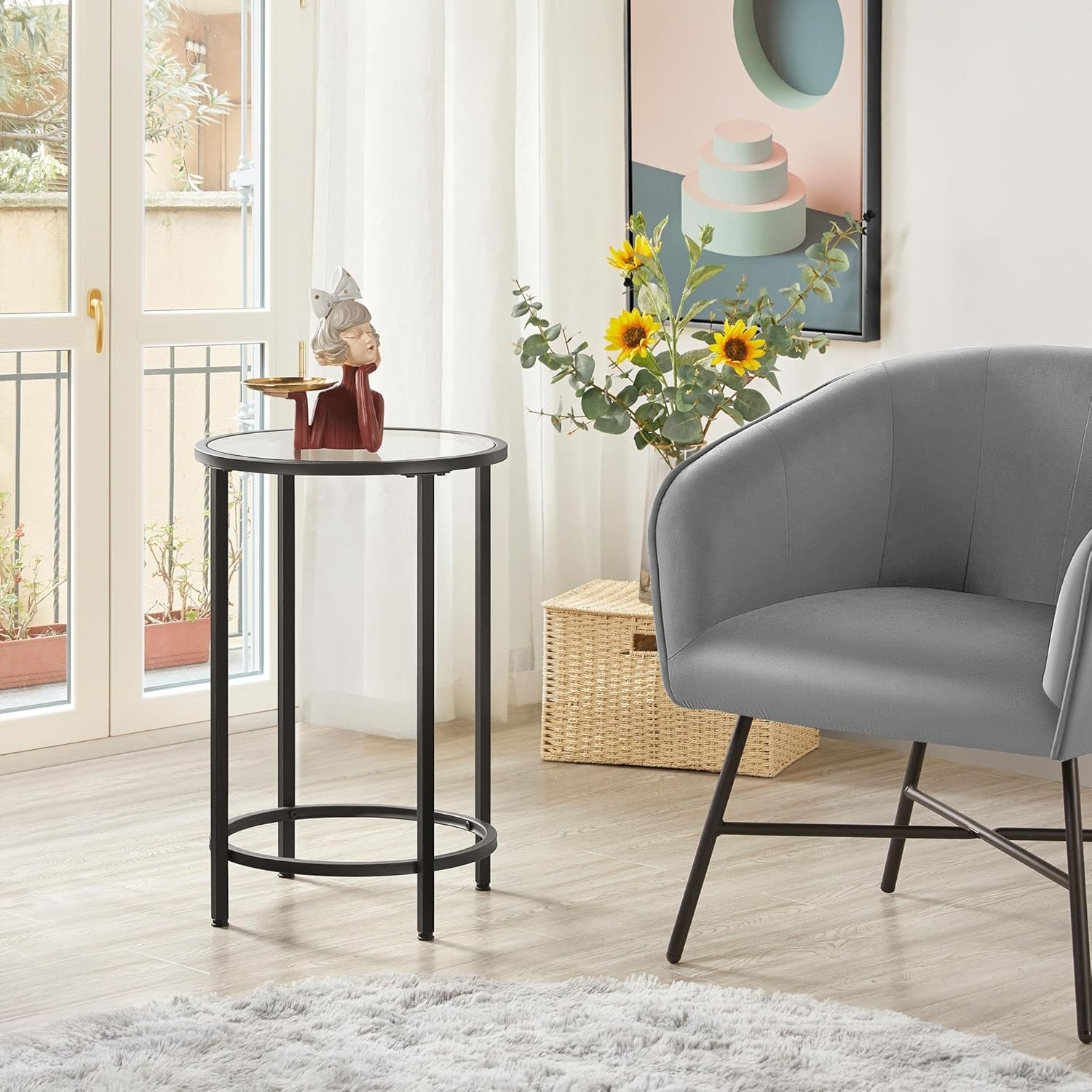 Yaheetech Glass End Table, Round Side Table, Small Coffee Accent Table Nightstand w/Glass Top & Metal Frame for Living Room/Balcony/Bedroom/Porch/Small Space, Modern Style, Black