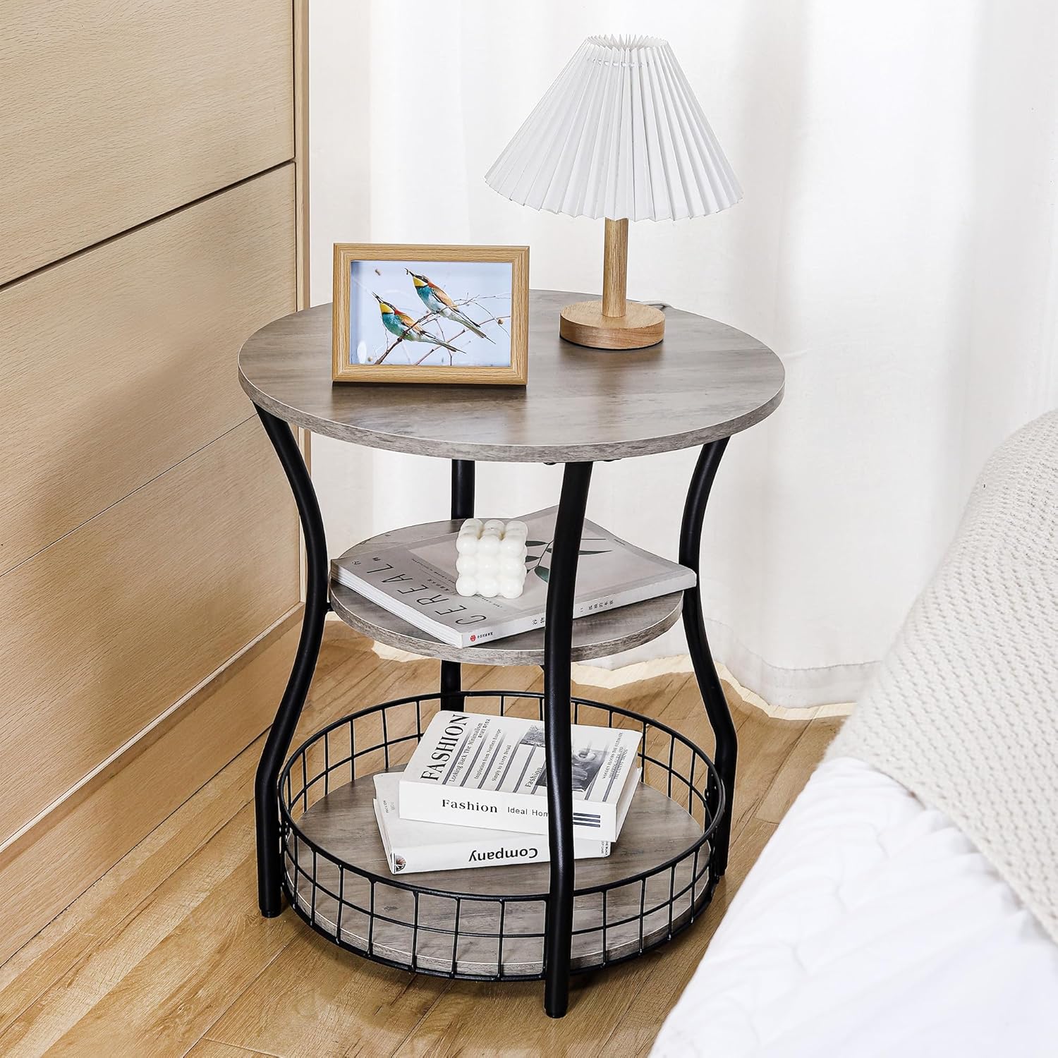 Small Side Table Round End Table with Storage Shelf Basket, 3-Tier Accent Corner Sofa Couch Side Tables Coffee Drink Table for Small Spaces,Round Nightstand for Living Room, Bedroom, Greige