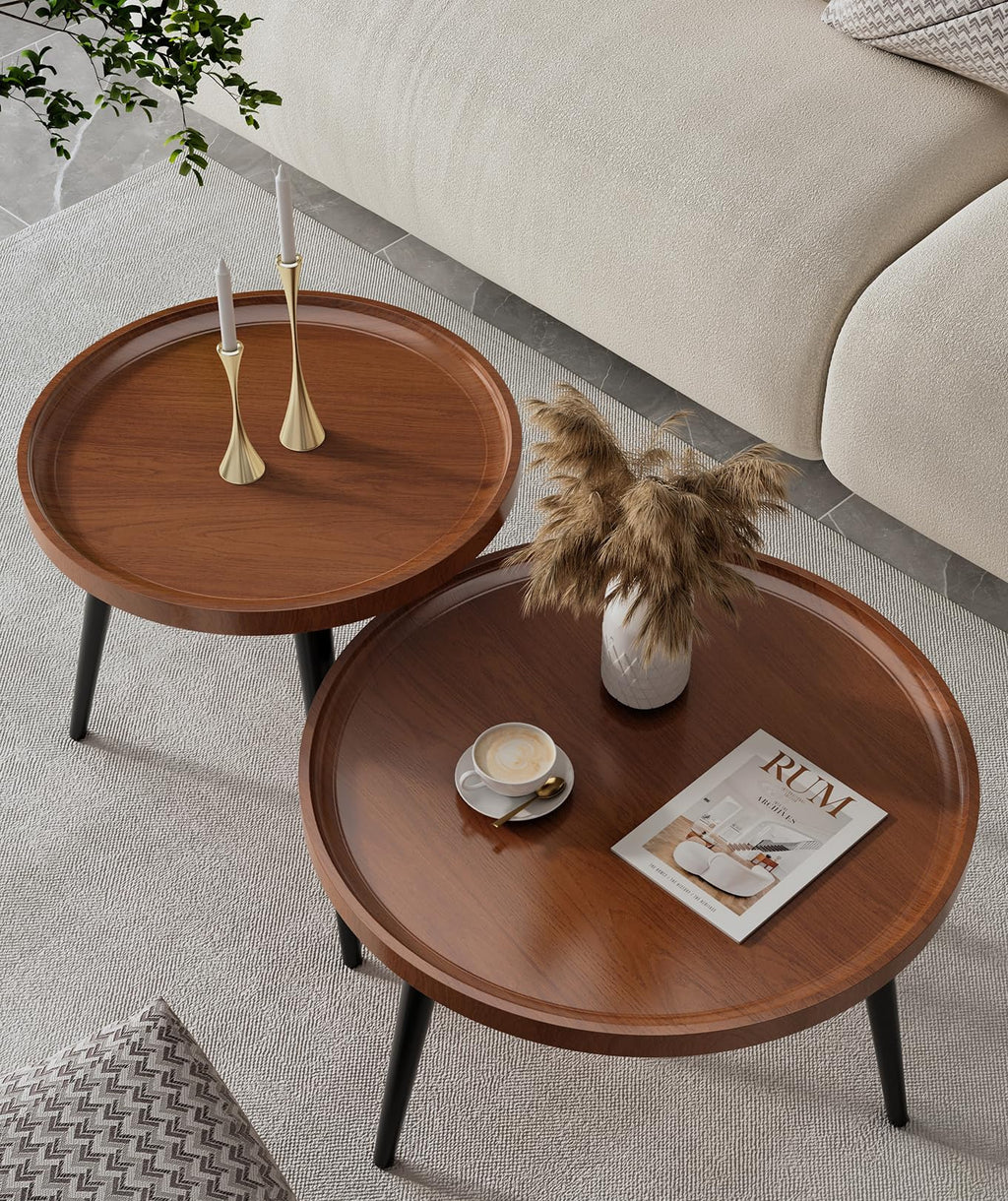 2 Pcs Mid Century Modern Coffee Table Round for Living Room,Easy Assembly Nesting Coffee Tables,Minimalist Circle Walnut Coffee Table for Bedroom Office Balcony Yard