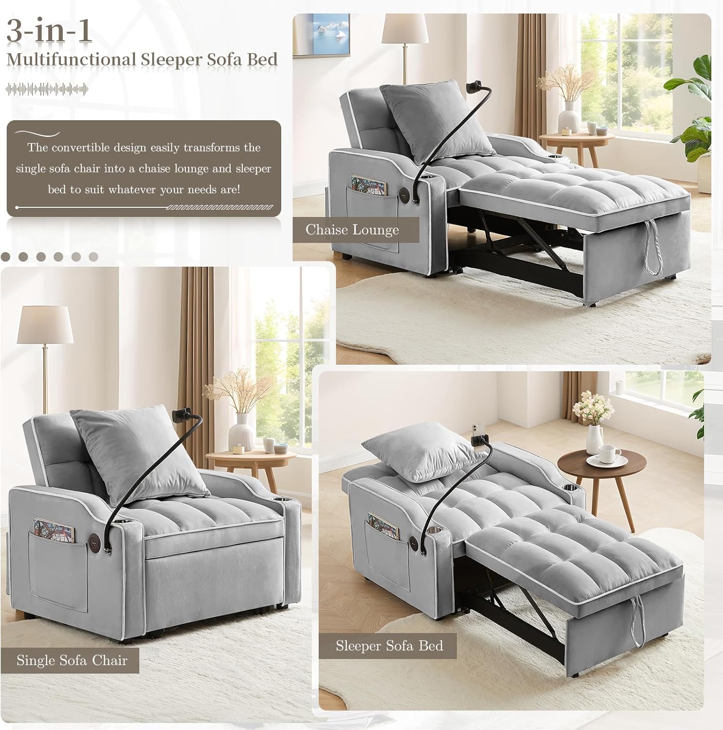 Convertible Single Sleeper Chair Bed,3 in 1 Velvet Futon Sleeper Sofa Bed with Phone Holder&USB Ports,Pull Out Couch Bed,Adjustable Recliner Armchair bed for Living Room,Office,Small Places(Grey)