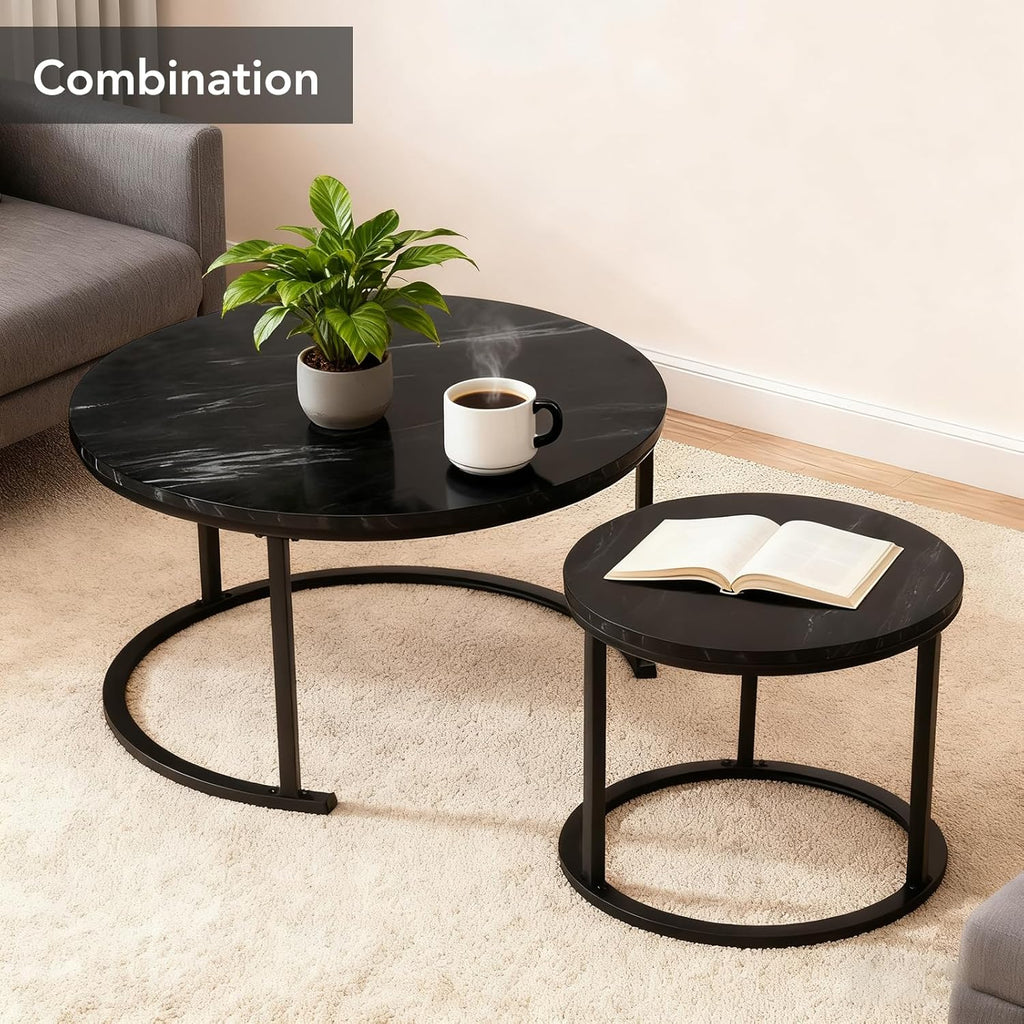 EUROSAKURA Nesting Round Small Coffee Table Place 2 Sets for Living Room Bedroom Apartment Small Rounder Coffee Table Sturdy Stacking Side Tables,Easy Assembly(Black)