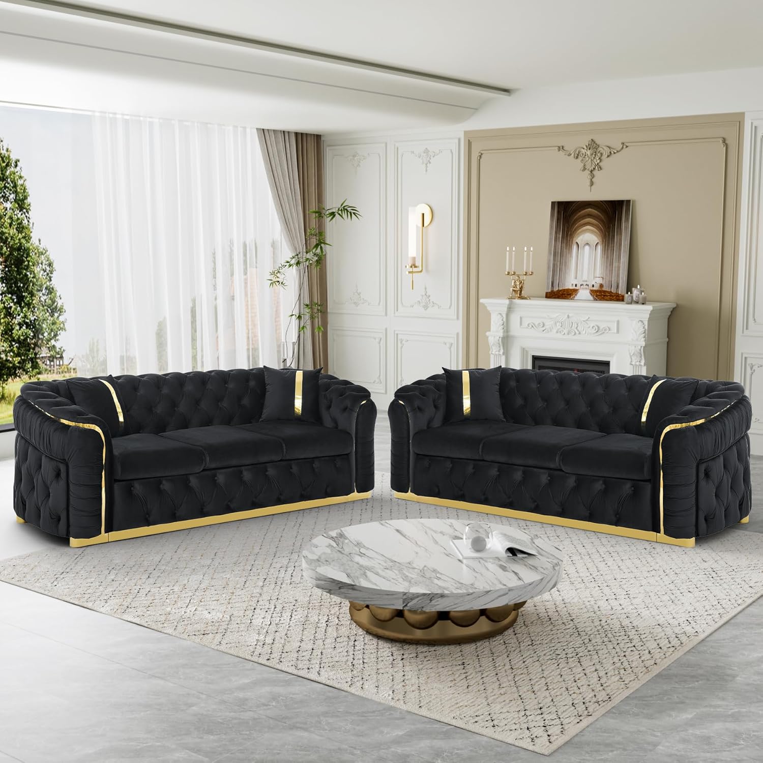 Mid Century Modern Chesterfield Sofa Couch, 90.6" Velvet Couch Black and Gold Sofa Luxury Loveseat for Living Room, Tufted Sofas with 2 Pillows & Classic Golden Decor, Jet Black