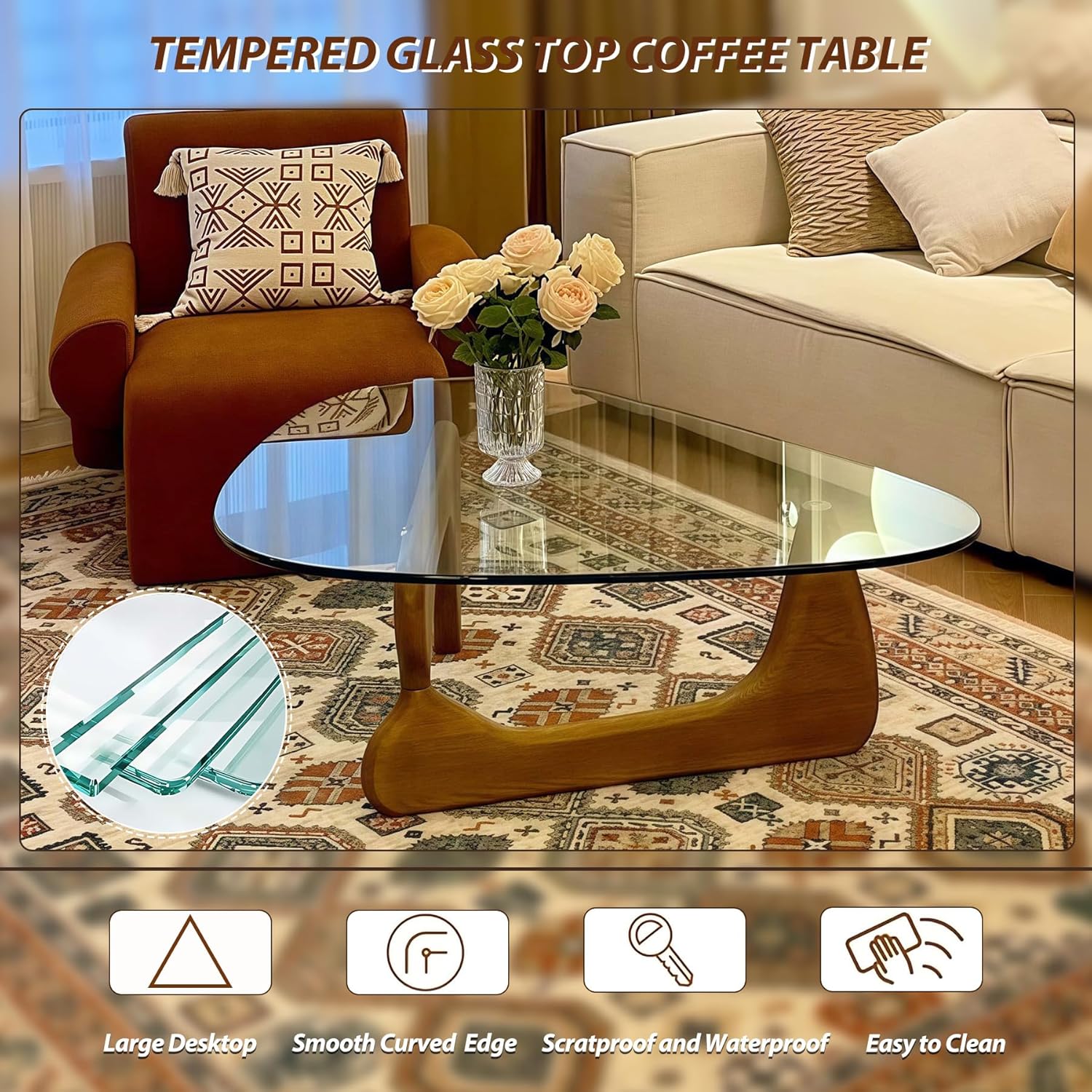 Modern Glass Coffee Table, 32.3″D×25.6″W×15.8″H-Abstract Unique Mid Century Triangle Center Table for Living Room, Minimalist Middle Tables for Home Office, Wooden Base