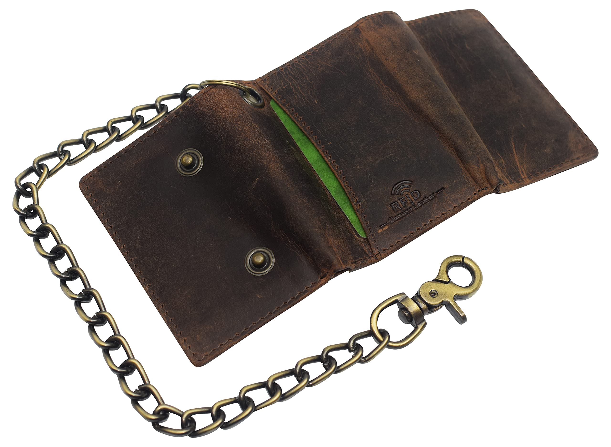 Portefeuille à chaîne pour motard en cuir vintage trifold avec blocage RFID pour homme CAZORO avec fermeture à pression (Marron)
