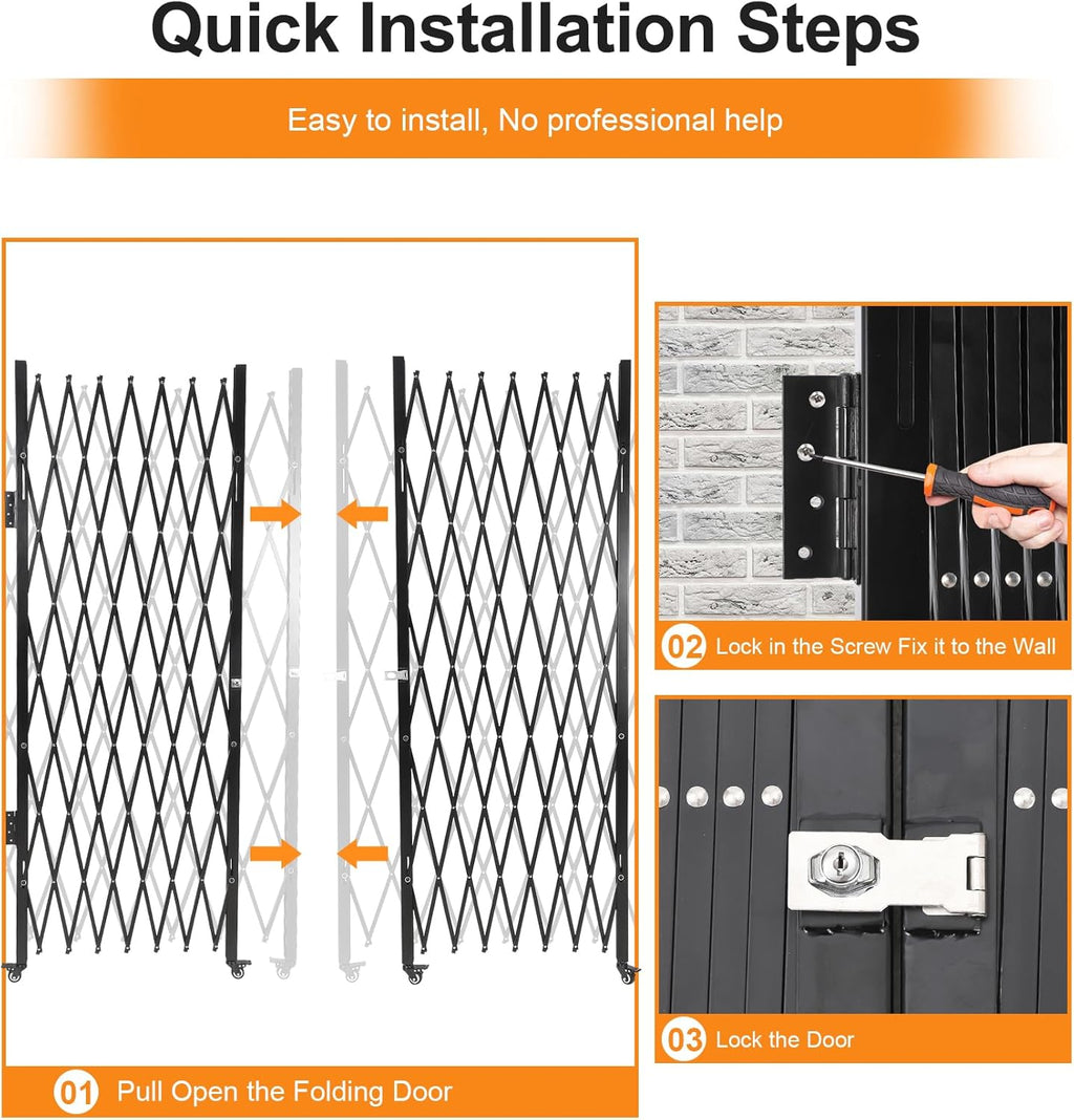 Double Foldable Security Gate 61" H x 122" W Aluminum Expandable Fence Portable Safety Barrier with Casters Retractable Driveway Gates 360°Rolling Barricade Gate Mobile Barricade Safety Barrier Black