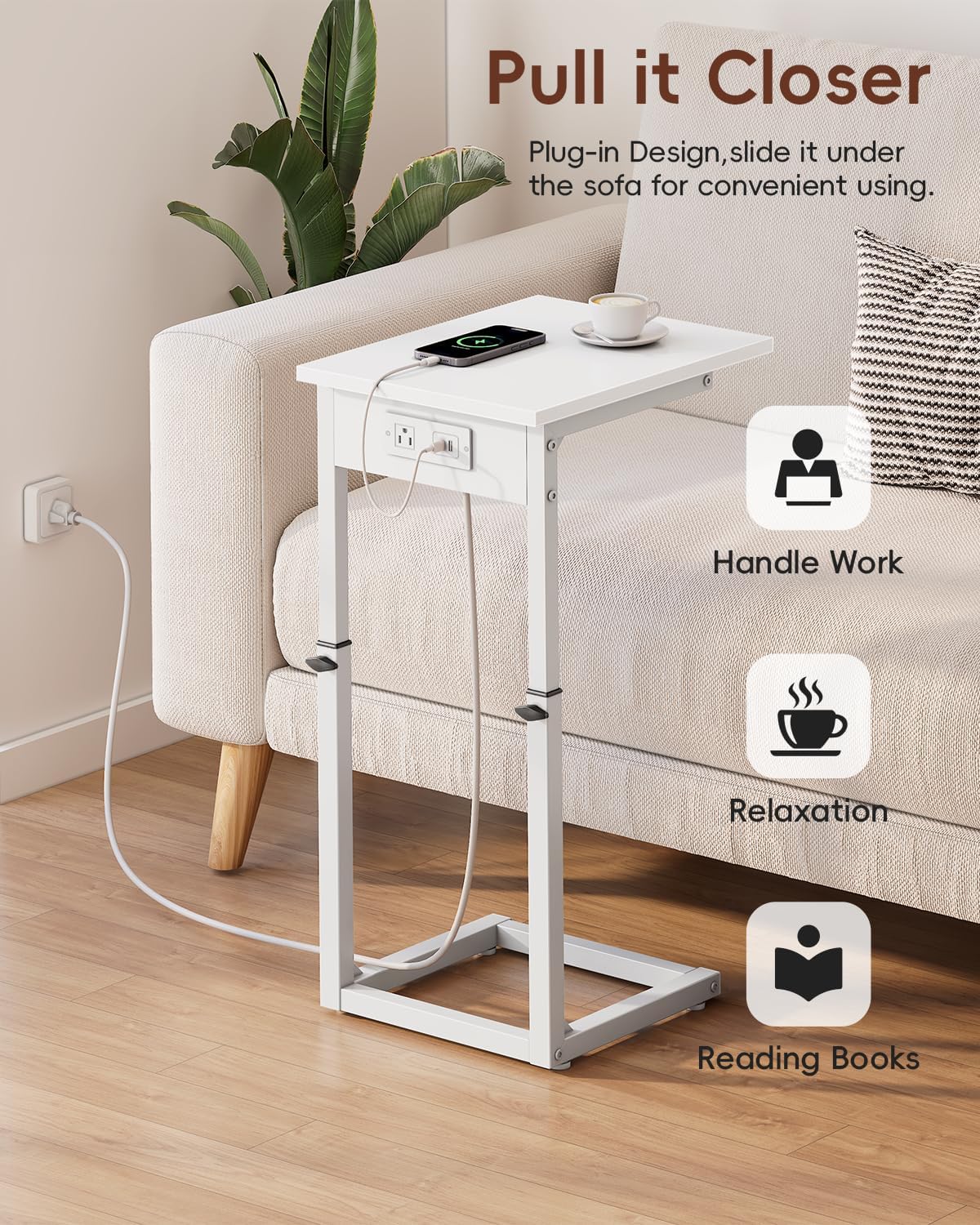 Vagusicc C Shaped End Table with Charging Station, 33" Tall Side Table for Couch, Sofa Table Adjustable Height Couch Side Table Coffee Table, Slide Under Sofa TV Tray C Table for Living Room, White