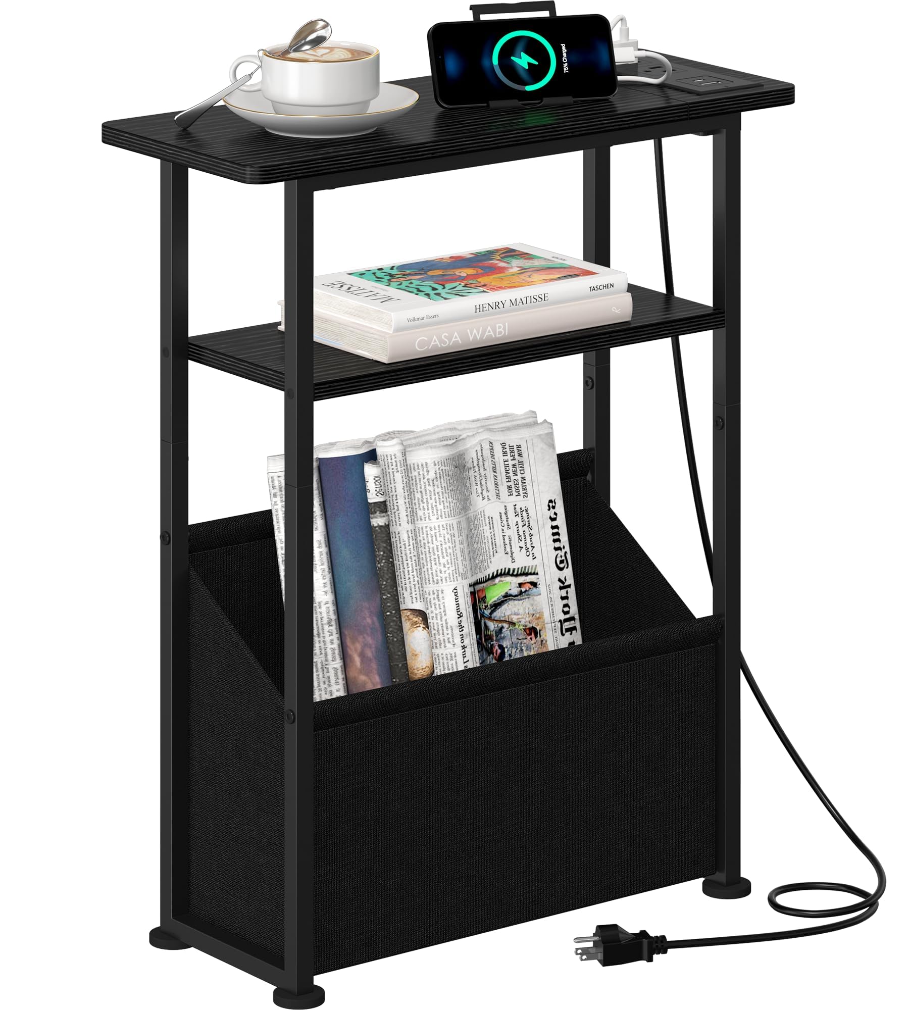 Yusong Small Narrow Side Table for Small Spaces, Slim End Table with Storage Bag, Sofa Snack Table with Adjustable Metal Mesh, 3 Tier Accent Skinny Beside Table for Living Room & Bedroom, Black Oak