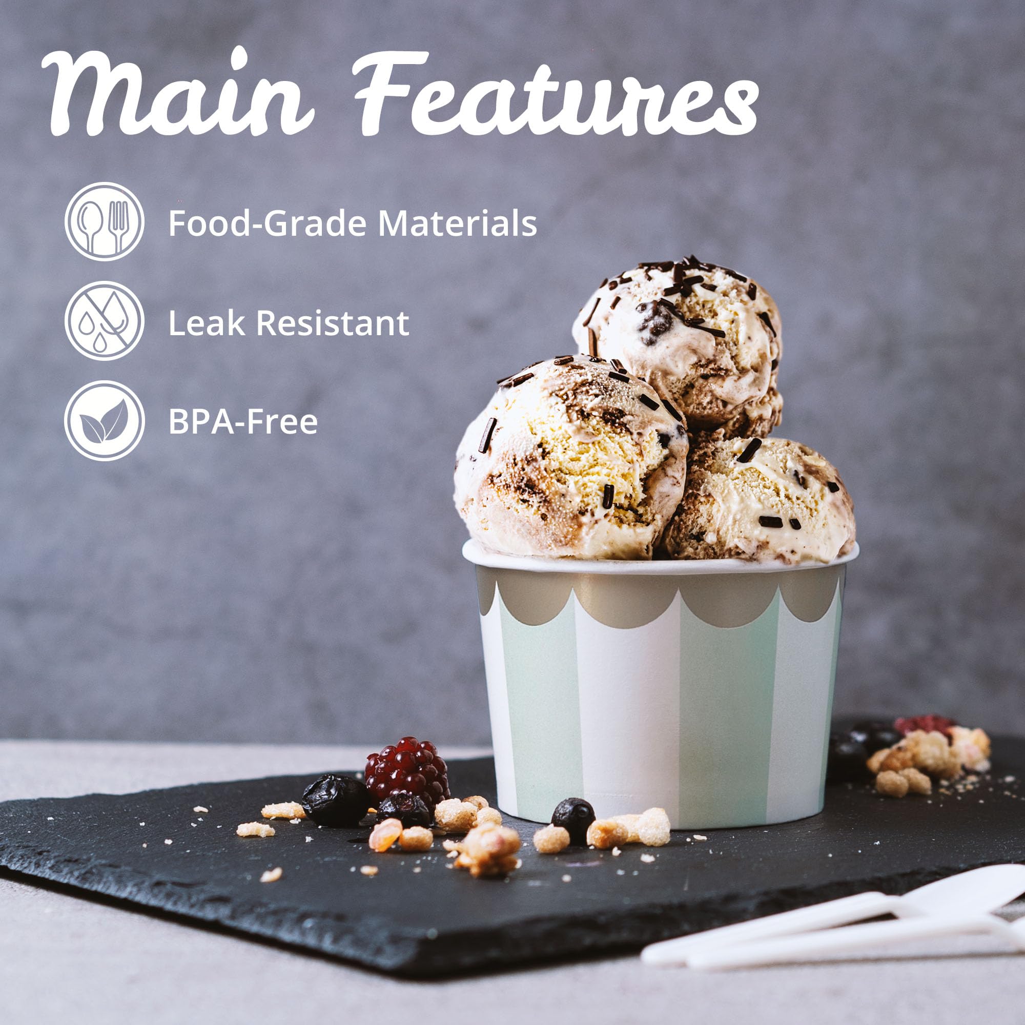 Paper Ice Cream Cups - 50-Count 9-Oz Disposable Dessert Bowls for Hot or Cold Food, 9-Ounce Party Supplies Treat Cups for Sundae, Frozen Yogurt, Soup, 5 Colors Pastel Stripes with Scalloped Gold Foil