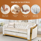 Mid Century Modern Chesterfield Sofa Couch, 81" Velvet Couch White and Gold Sofa Luxury Curved Loveseat for Living Room, 3 Seat Tufted Sofas with 2 Pillows & Classic Gold Legs, Beige White