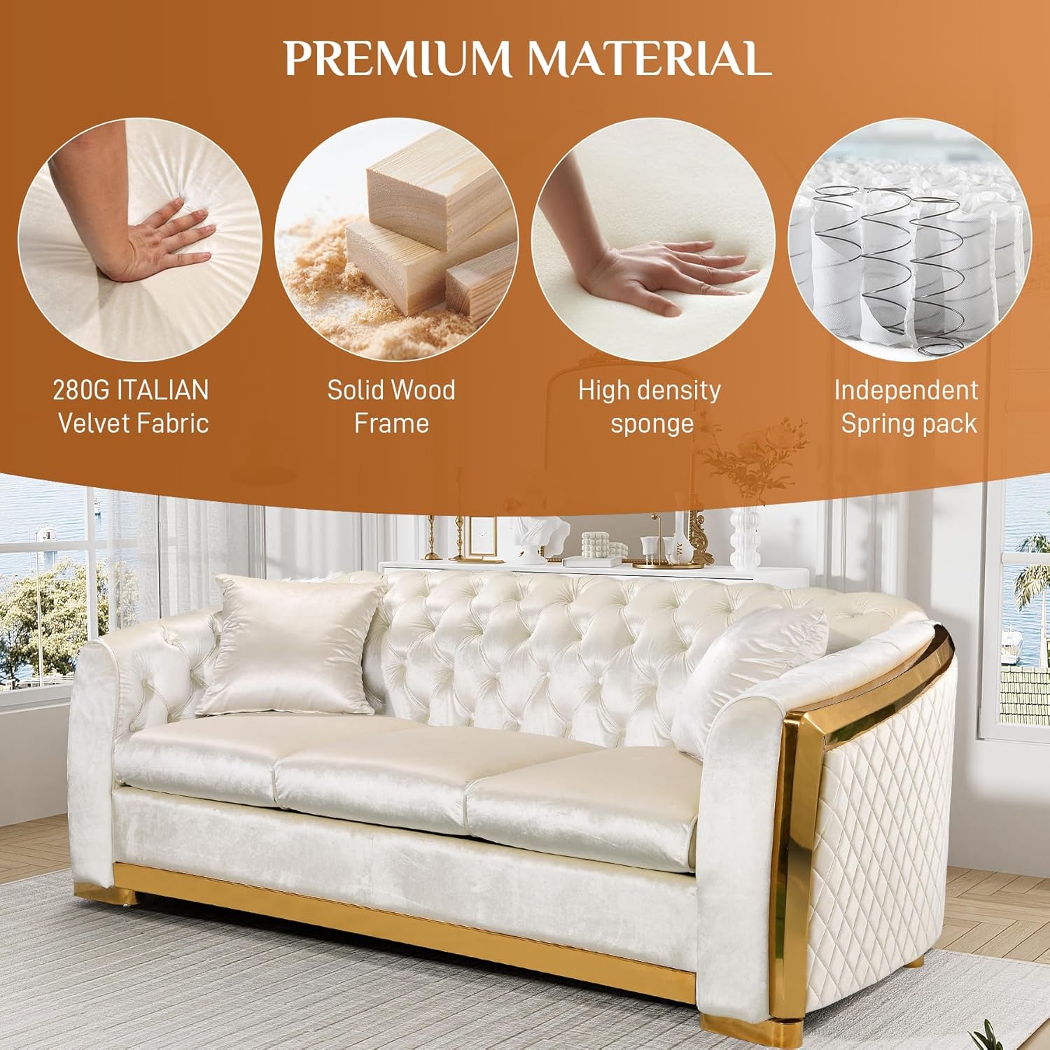 Mid Century Modern Chesterfield Sofa Couch, 81" Velvet Couch White and Gold Sofa Luxury Curved Loveseat for Living Room, 3 Seat Tufted Sofas with 2 Pillows & Classic Gold Legs, Beige White