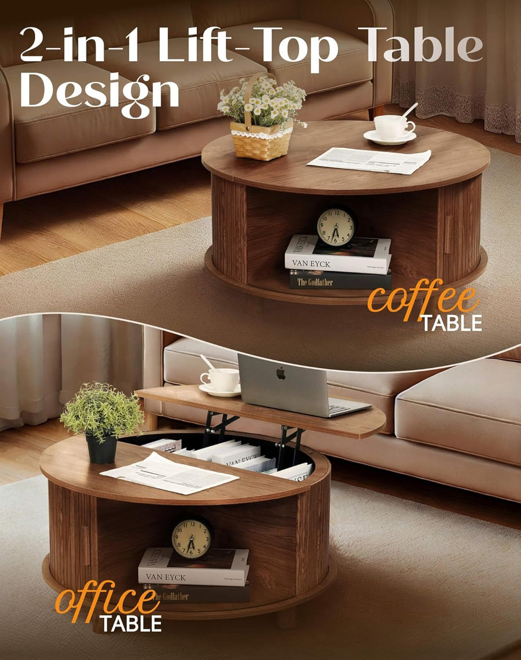 Round Lift Top Coffee Table with Storage, Mid Century Modern Center Table with 180° Sliding Tambour Door, Small Circle Wood Fluted Dining Table for Living Room, Walnut