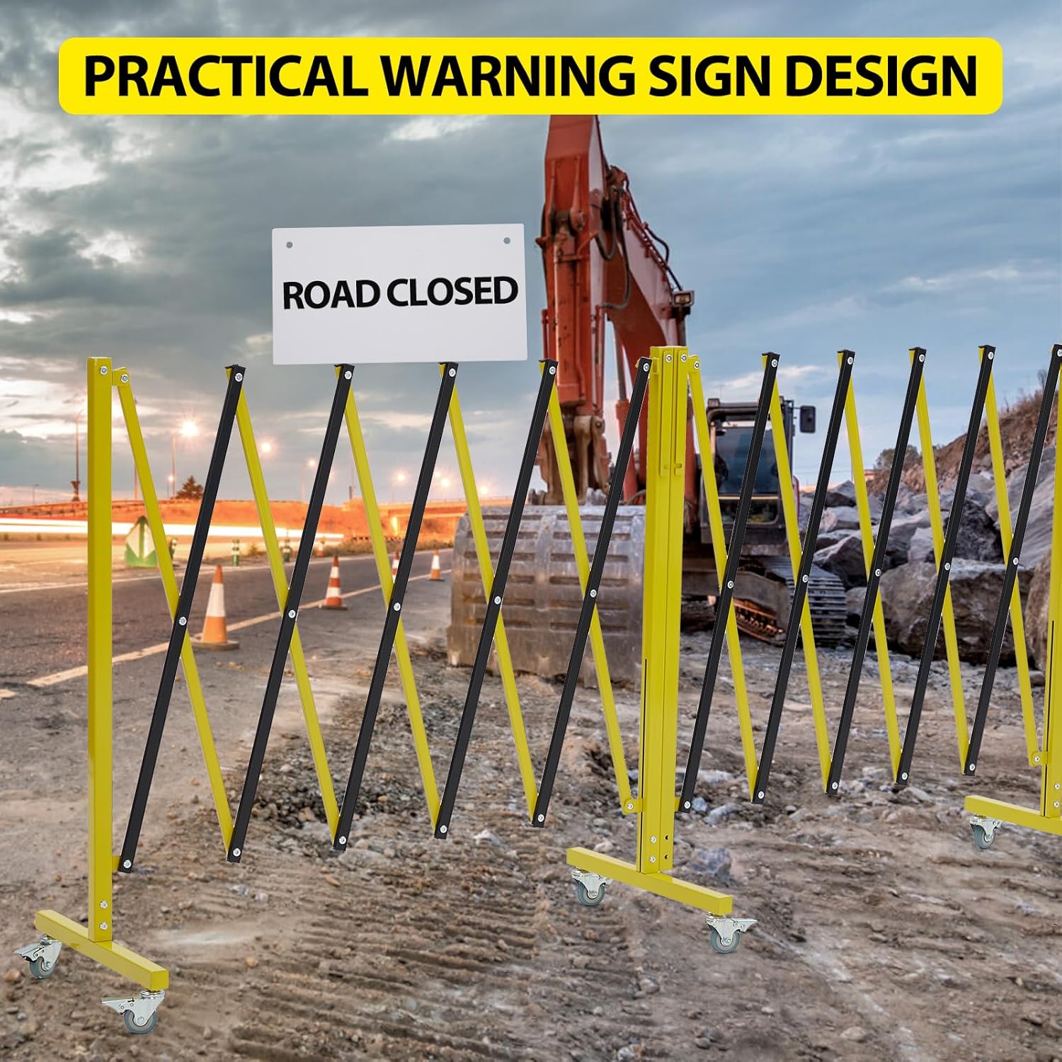 Garvee 19.8 ft Industrial Expandable Metal Barricade, Rotatable & Portable Safety Barrier with a Warning Board and Casters, Retractable Traffic Fence Mobile Safety Barrier Gate Yellow Black