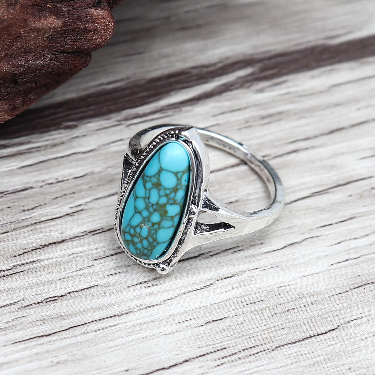 Bohemian Turquoise Oval Flower Rings Vintage Geometric Ethnic Natural Stone Adjustable Silver Joint Knuckle Rings Western Cowgirl Statement Jewelry