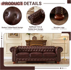 Chesterfield Leather Sofa, 89" Mid Century Modern Couch with Low Back, Roll Arm Nailhead Trim Classic 3 Seater Couch for Living Room, Office, Apartment, PU Burgundy