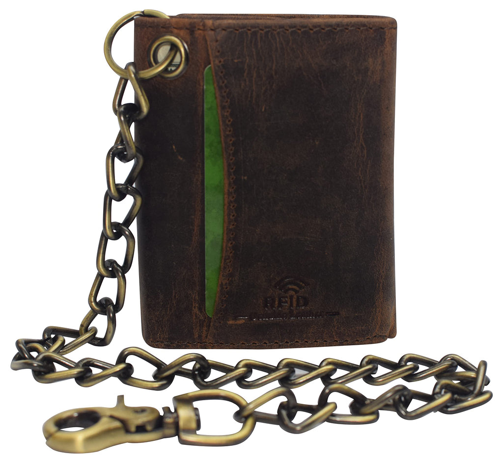 Portefeuille à chaîne pour motard en cuir vintage trifold avec blocage RFID pour homme CAZORO avec fermeture à pression (Marron)