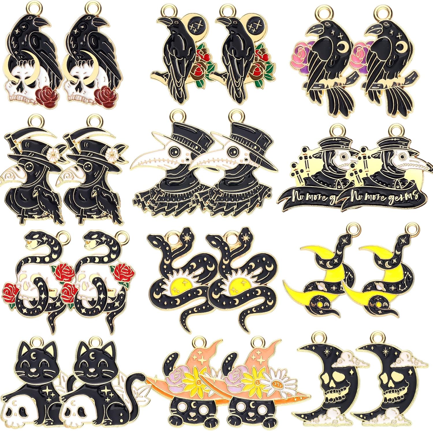 Sasylvia 48 Pcs Halloween Charms for Jewelry Making Black Gothic Charms Include 12 Style Crow Skull Snake Cat Moon for Halloween Party Decoration Gifts DIY Art Craft