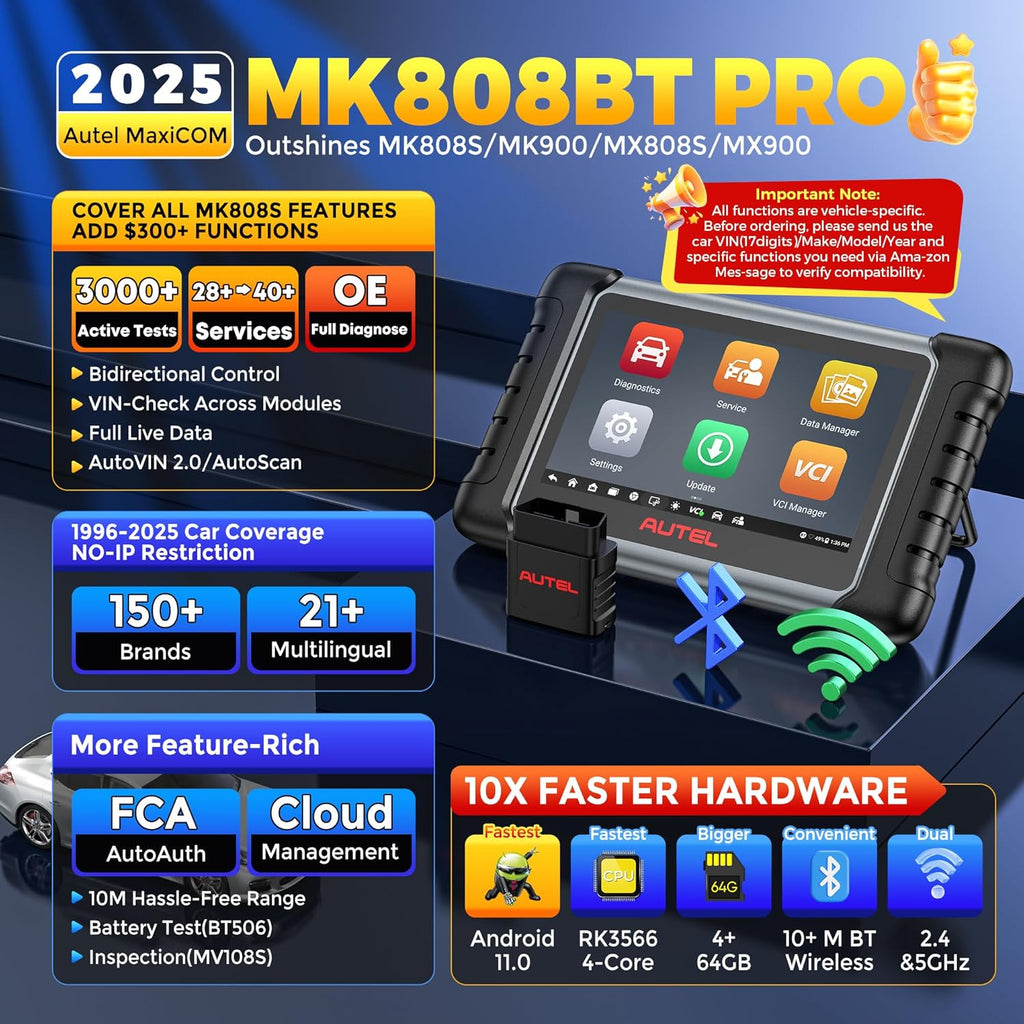 Autel Scanner MaxiCOM MK808BT PRO, 2025 2.0 Full Bidirectional Diagnostic Tool as MK900 MX900 MK900BT, Pro Ver. of MK808S MX808S, 3000+ Test, 28+ Service, All System, Brake Bleed, Injector Coding, FCA