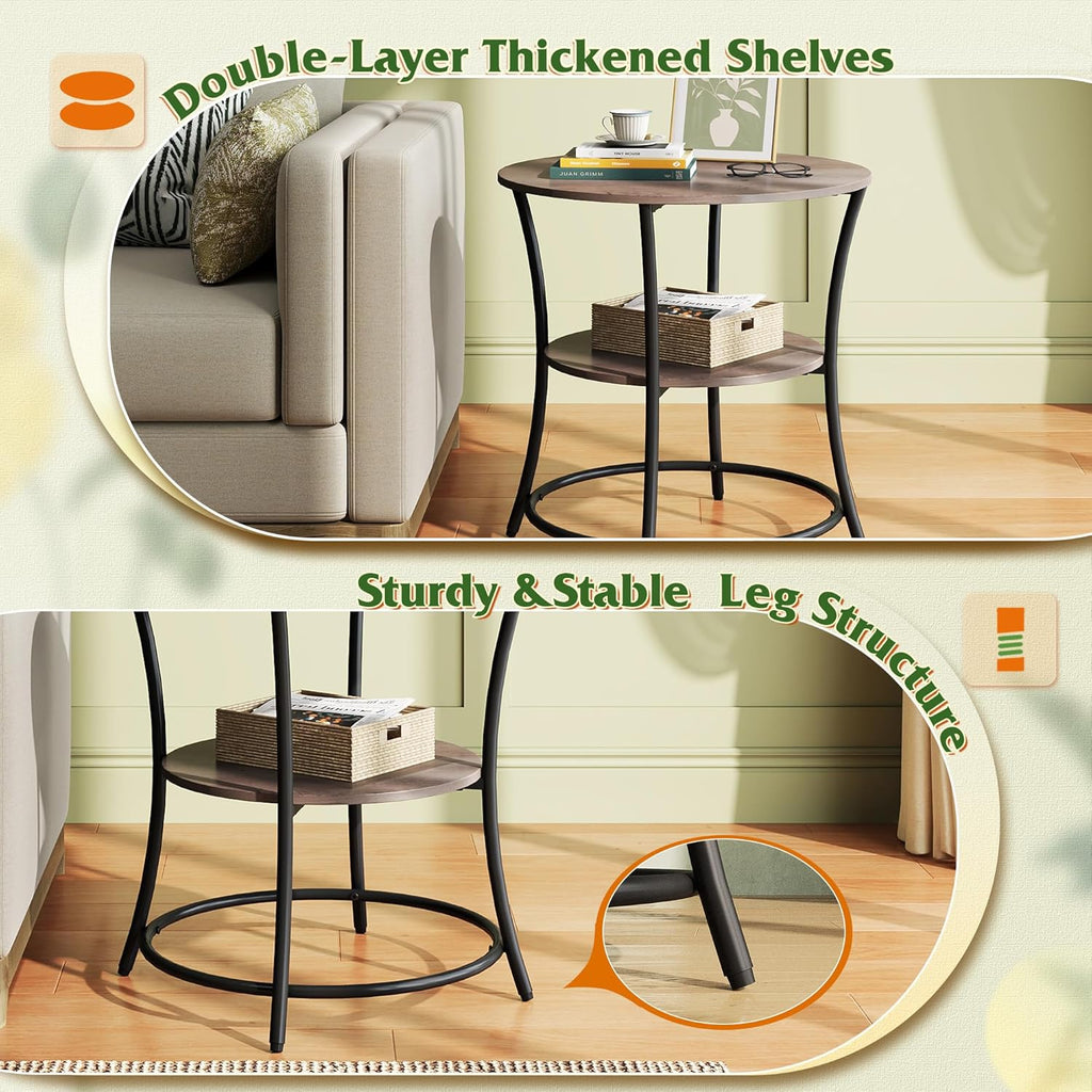 WLIVE Side Table, Round End Table with 2 Storage Shelves for Living Room, Bedroom, Nightstand with Steel Frame for Small Spaces, Accent Coffee Table, Greige