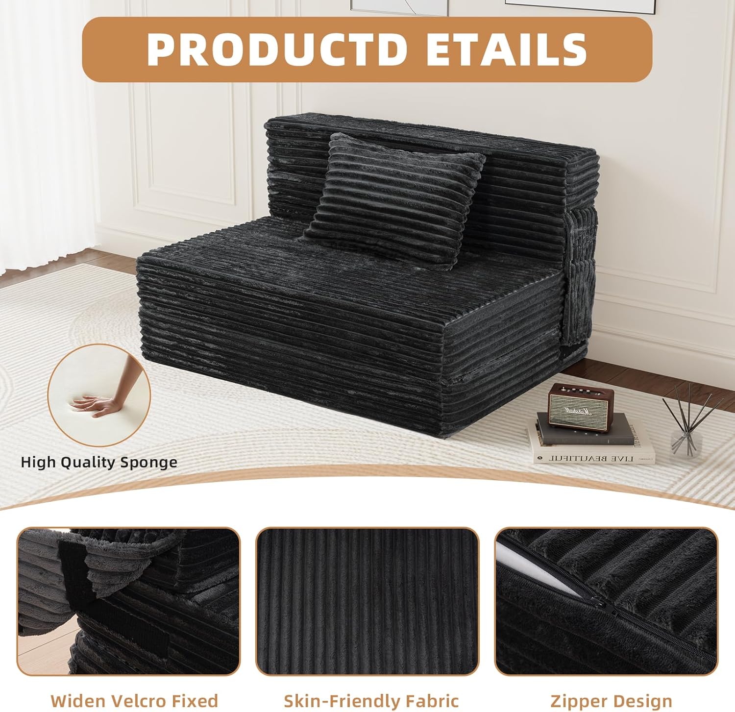 Folding Sofa Bed Twin - 4 in 1 Convertible Foldable Sleeper Chair with Pillow, Fold Out Couch, High-Density Foam Floor Mattress, Space-Saving Futon for Living Dorm Guest Room and Office, Grey